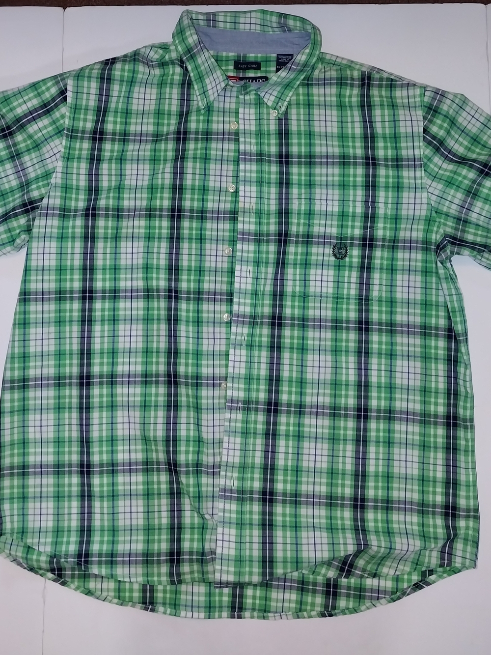 Chaps Green and White Plaid Short-Sleeve Button-Down Shirt